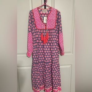 SZ Blockprints Women's Jodphur Maxi Dress Cornflower/ Hot Pink/Tangerine NWT S